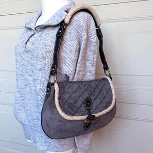Vintage Y2K Old Navy Quilted Gray Shoulder Bag w/ Shearling Trim